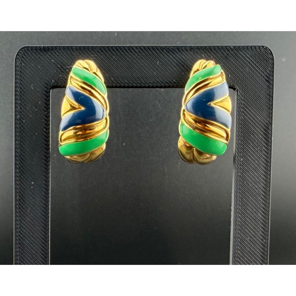 Avon J-Hoop Earrings Green Blue Gold Enamel Ribbed Vintage Retro 80s Nautical